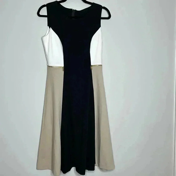 Color Block Dress Tan Black and White 
17 Pit to Pit
14’ Waist 
About 38 length - Picture 2 of 9